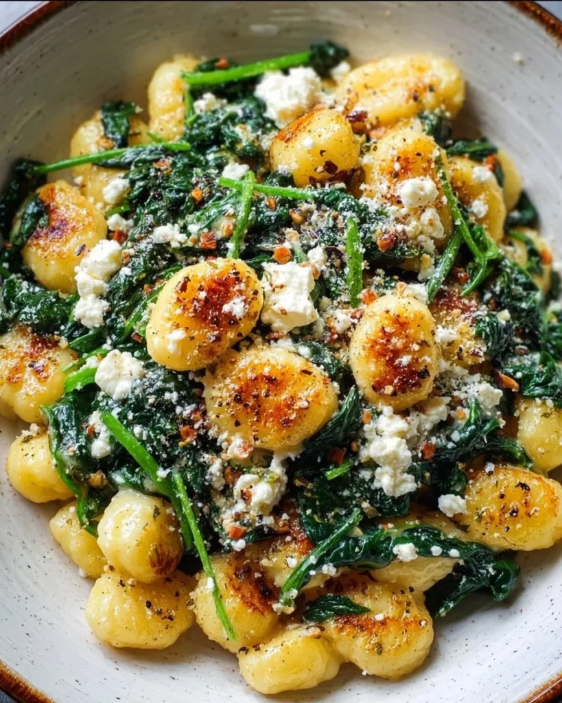 Creamy gnocchi with spinach and feta served in a bowl