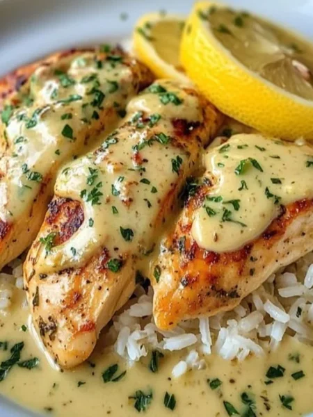 Creamy lemon garlic chicken served with savory herb rice in a delicious meal.