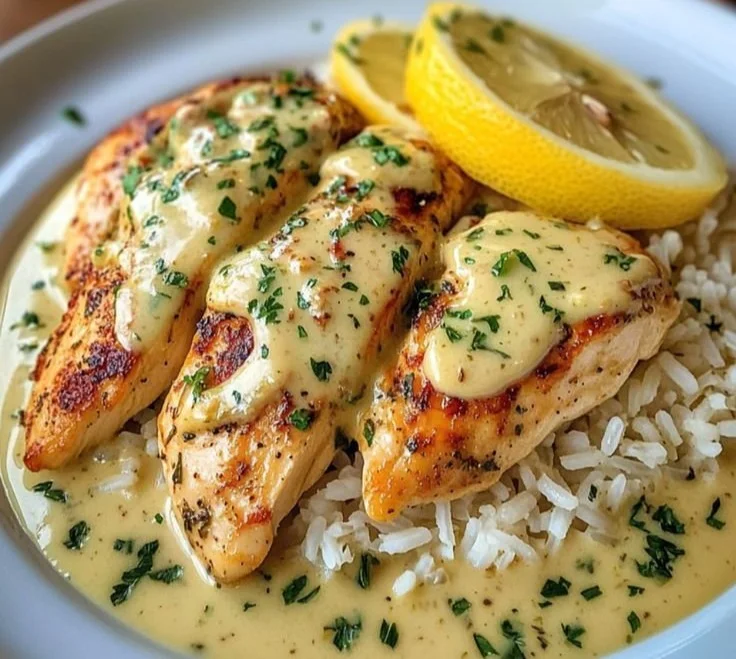 Creamy lemon garlic chicken served with savory herb rice in a delicious meal.