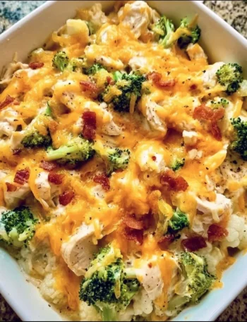 Creamy low carb chicken casserole dish garnished with herbs