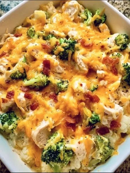 Creamy low carb chicken casserole dish garnished with herbs