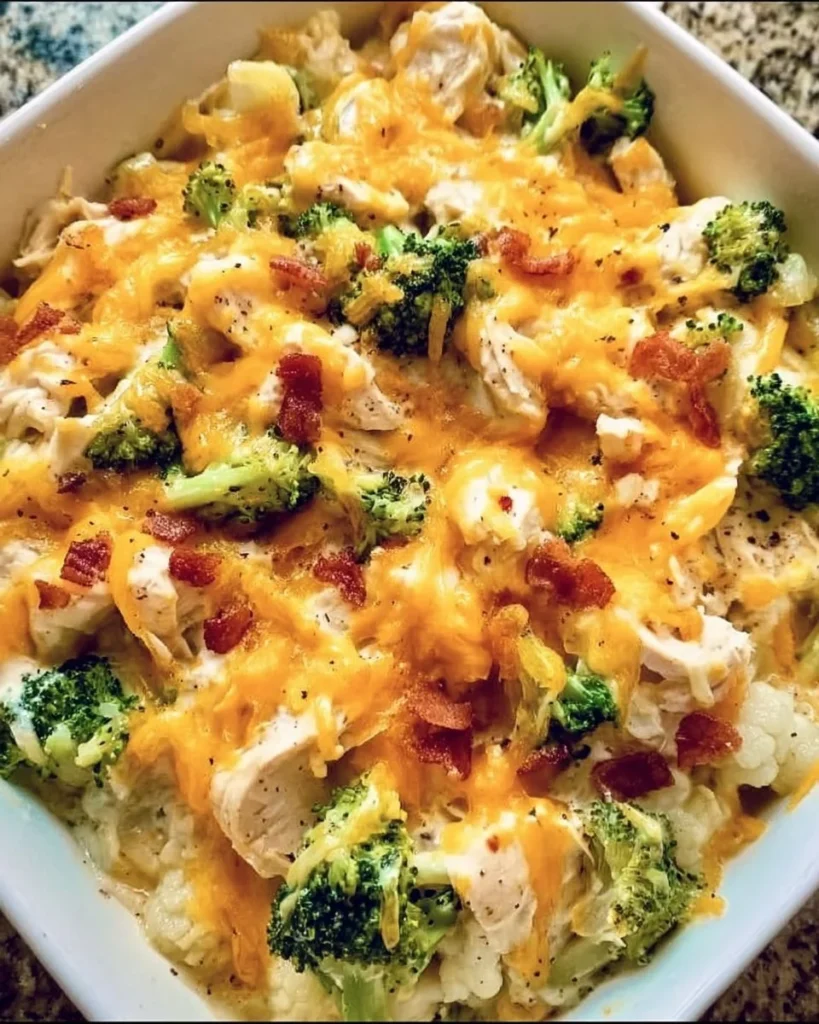 Creamy low carb chicken casserole dish garnished with herbs