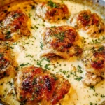 Creamy oven baked chicken thighs served on a plate with herbs