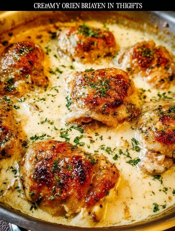 Creamy oven baked chicken thighs served on a plate with herbs