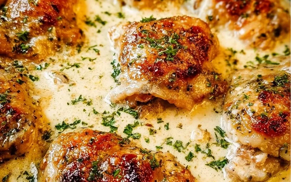 Creamy oven baked chicken thighs served on a plate with herbs