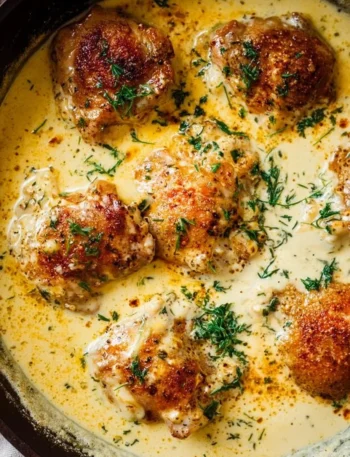 Creamy oven baked chicken thighs served with herbs and spices