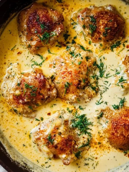 Creamy oven baked chicken thighs served with herbs and spices