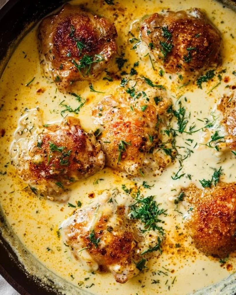 Creamy oven baked chicken thighs served with herbs and spices