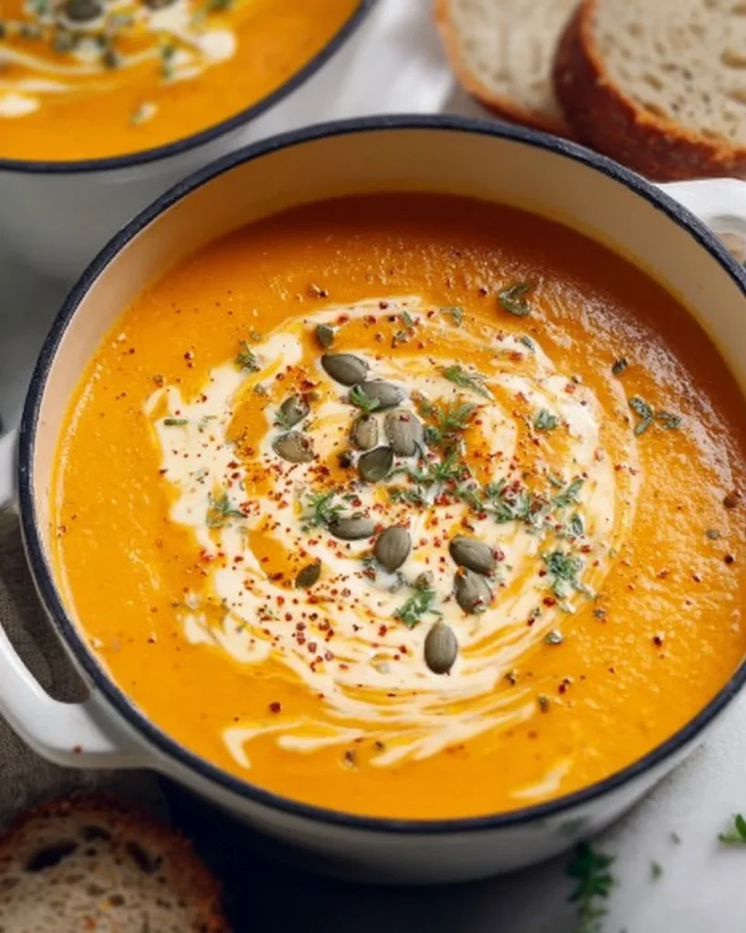 Bowl of creamy pumpkin soup topped with herbs and cream, ready to serve.