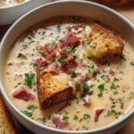 Bowl of creamy Reuben soup garnished with parsley and rye bread.