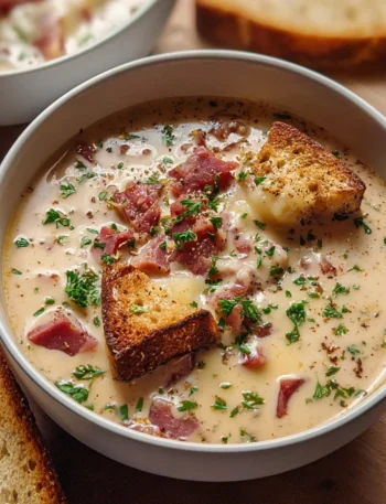 Bowl of creamy Reuben soup garnished with parsley and rye bread.