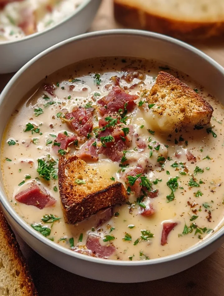 Bowl of creamy Reuben soup garnished with parsley and rye bread.