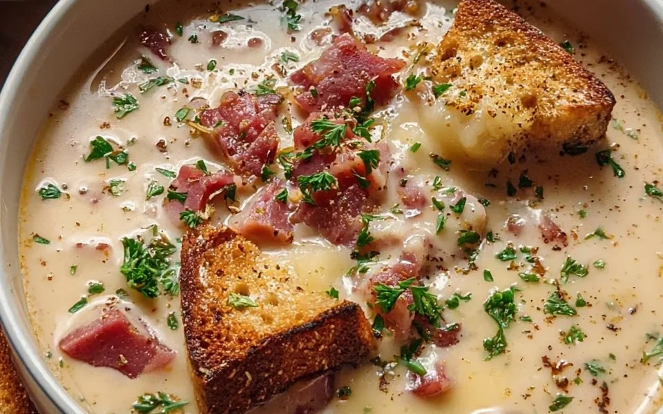 Bowl of creamy Reuben soup garnished with parsley and rye bread.