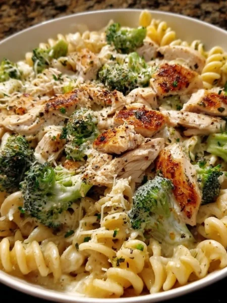 Creamy rotisserie chicken pasta with broccoli in a white sauce