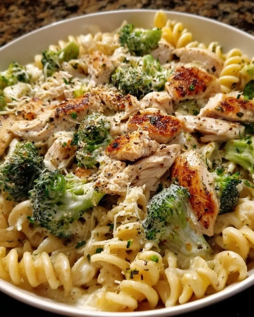 Creamy rotisserie chicken pasta with broccoli in a white sauce