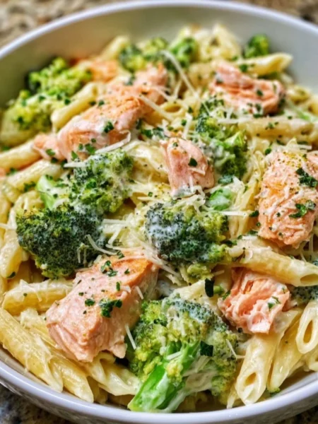 Creamy salmon broccoli pasta dish with herbs and spices