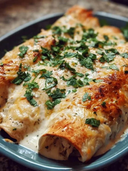 Delicious creamy white chicken enchiladas topped with cheese and garnished with cilantro.