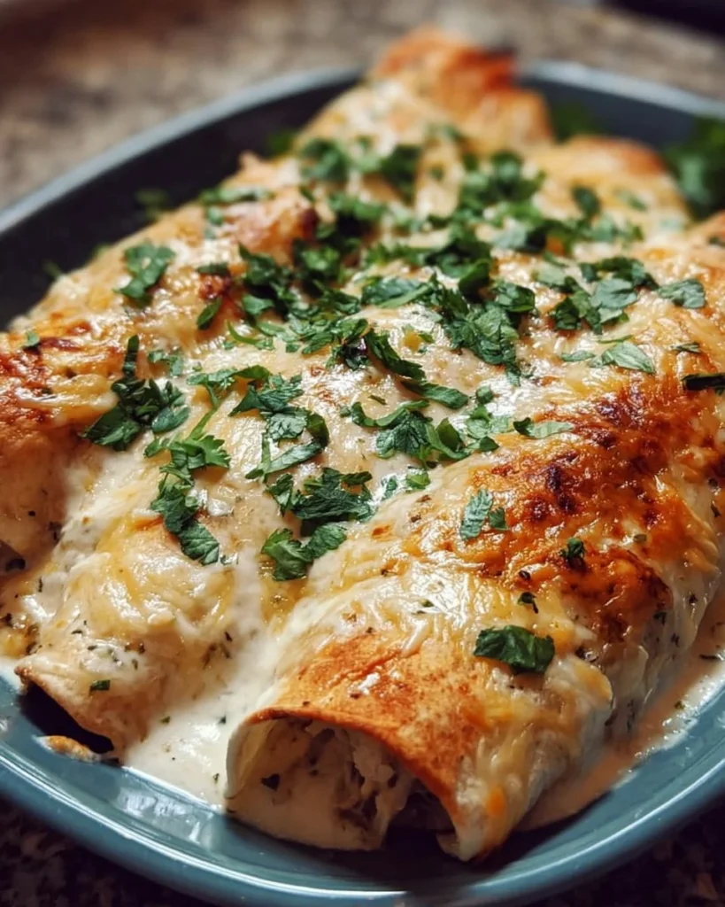 Delicious creamy white chicken enchiladas topped with cheese and garnished with cilantro.