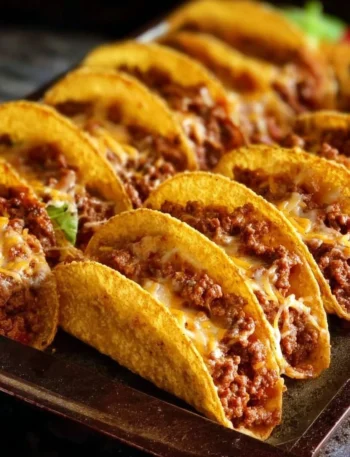 Plate of crispy beef tacos with fresh toppings and salsa