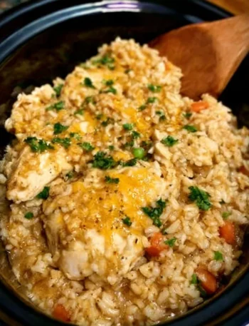 Bowl of Crock Pot chicken and rice ready to serve