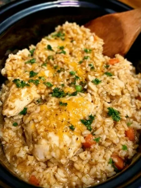Bowl of Crock Pot chicken and rice ready to serve