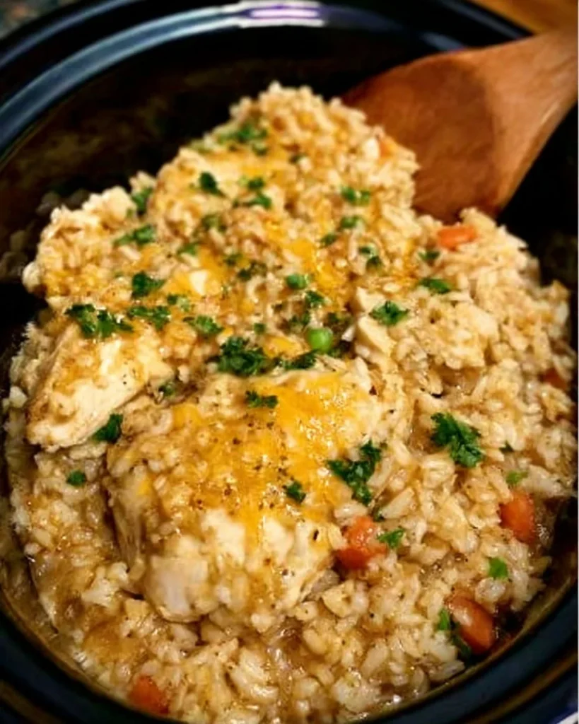 Bowl of Crock Pot chicken and rice ready to serve