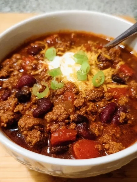 Delicious Crock Pot Chili served in a bowl garnished with herbs