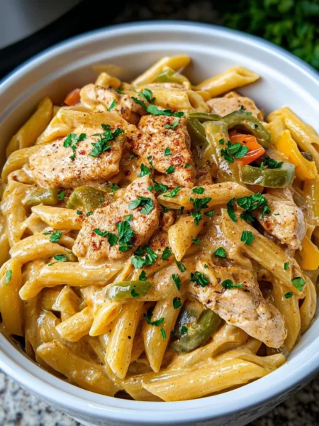Crock Pot Creamy Cajun Chicken Pasta served with parsley garnish