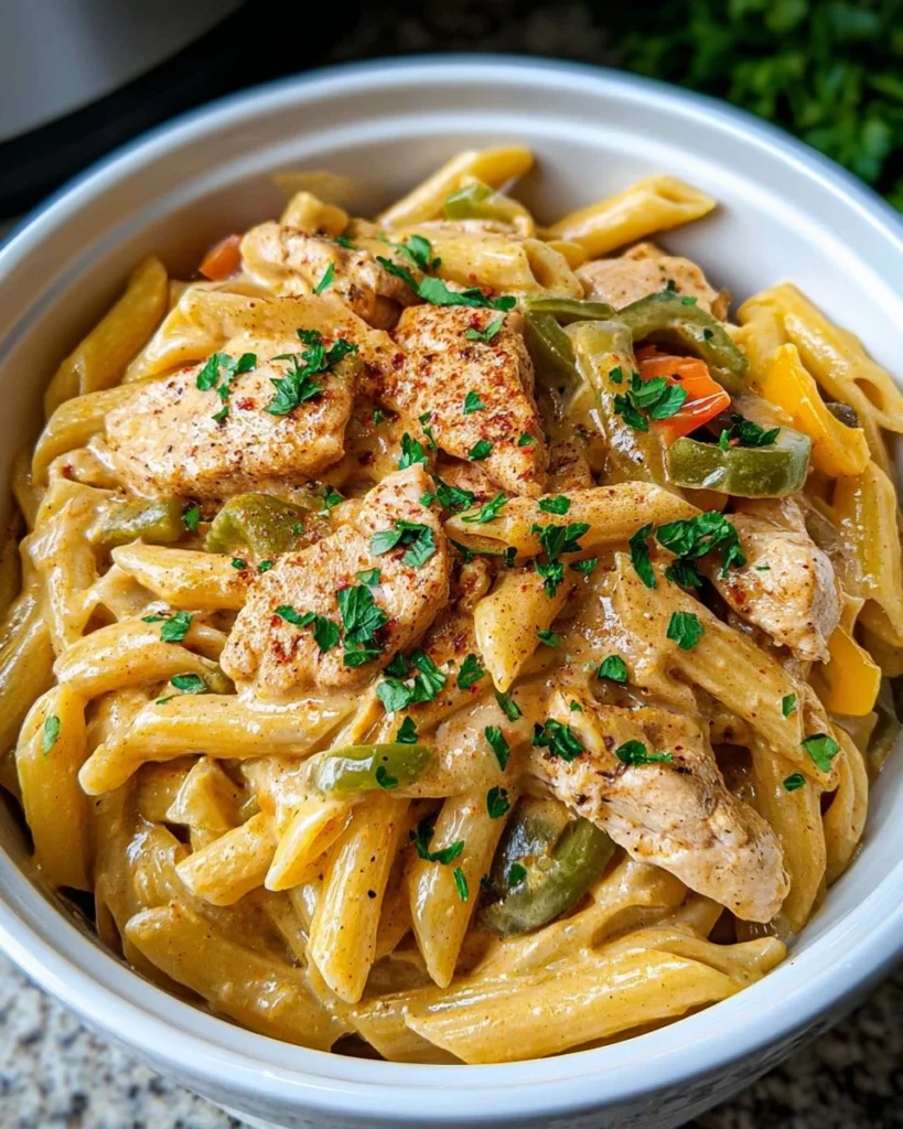 Crock Pot Creamy Cajun Chicken Pasta served with parsley garnish