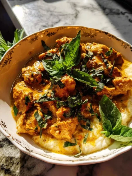 Delicious crockpot basil butter chicken served with fresh herbs and rice