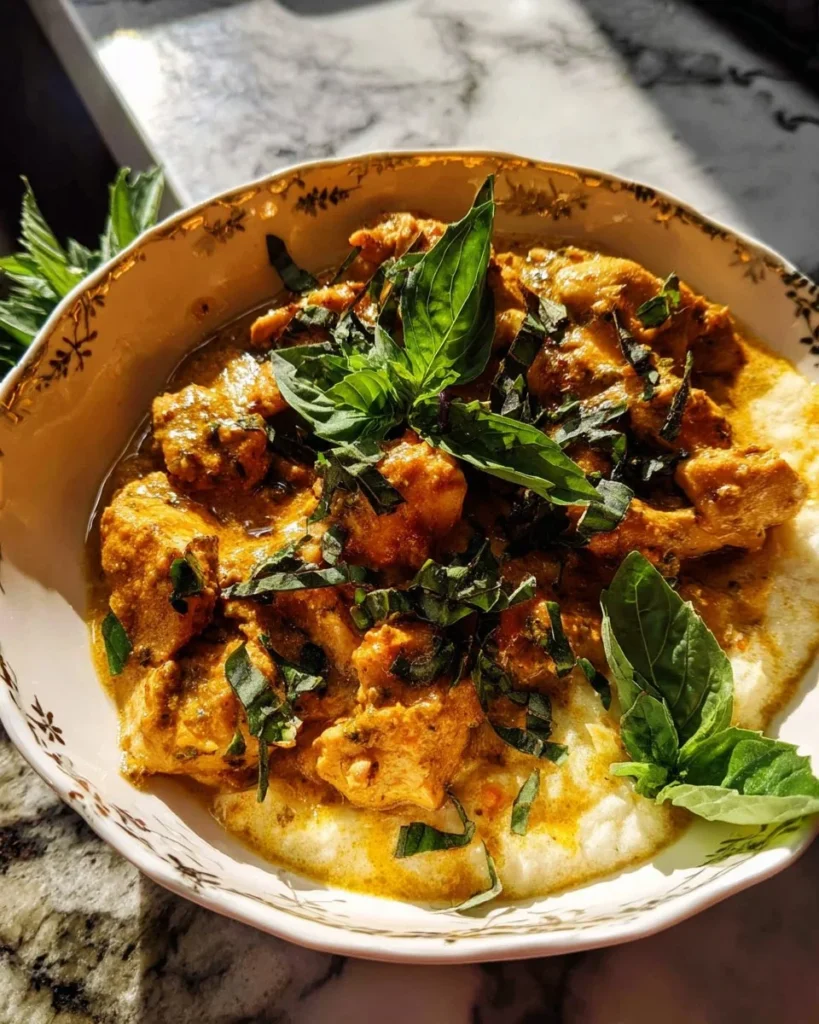 Delicious crockpot basil butter chicken served with fresh herbs and rice