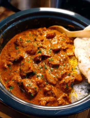 Delicious Crockpot Butter Chicken served with rice and garnished with cilantro