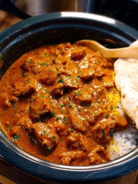 Delicious Crockpot Butter Chicken served with rice and garnished with cilantro