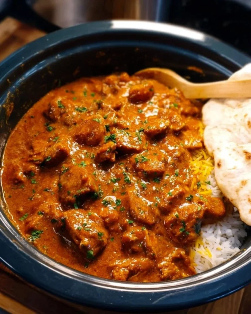 Delicious Crockpot Butter Chicken served with rice and garnished with cilantro