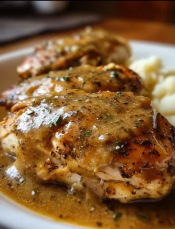 Plate of Crockpot Chicken and Gravy served with mashed potatoes