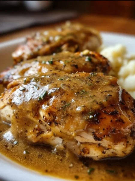 Plate of Crockpot Chicken and Gravy served with mashed potatoes