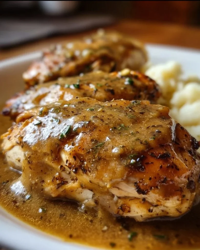 Plate of Crockpot Chicken and Gravy served with mashed potatoes