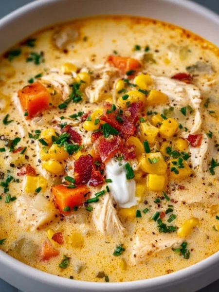 Delicious Crockpot Chicken Corn Chowder served in a bowl with fresh herbs.