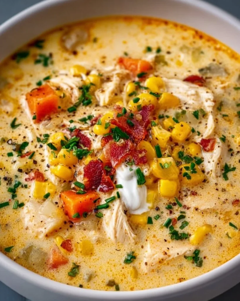 Delicious Crockpot Chicken Corn Chowder served in a bowl with fresh herbs.