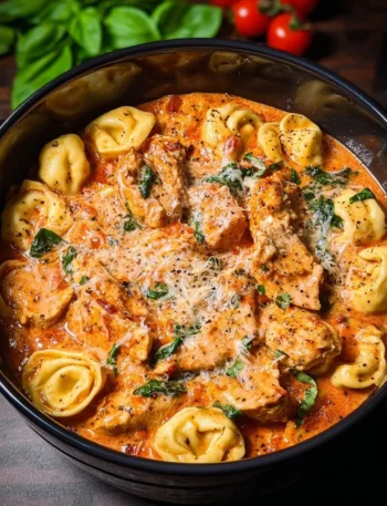 CrockPot Chicken Tortellini dish with vegetables and sauce