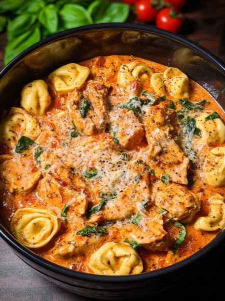 CrockPot Chicken Tortellini dish with vegetables and sauce