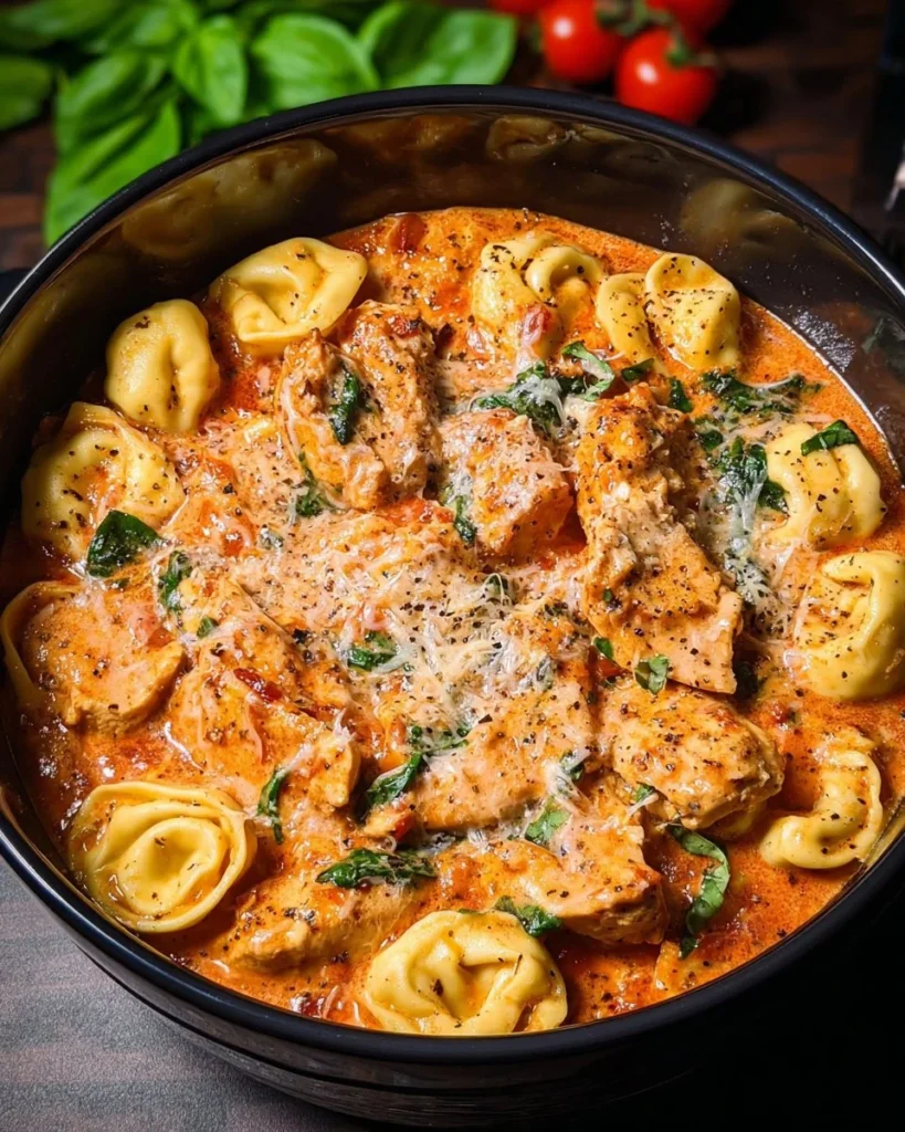 CrockPot Chicken Tortellini dish with vegetables and sauce