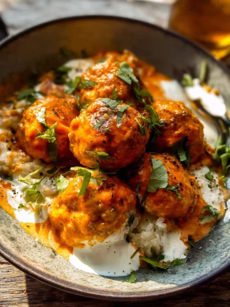 Crockpot Creamy Buffalo Chicken Meatballs served with a side of ranch dressing