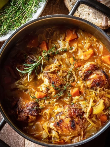 Crockpot Pumpkin Beer Braised Chicken served with herbs and spices
