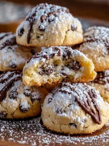 Delicious cannoli cookies filled with ricotta cream and dusted with powdered sugar.