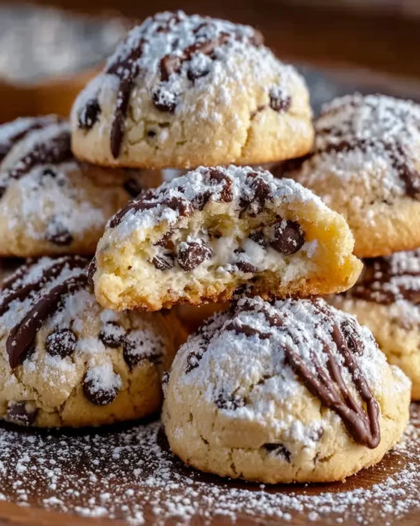Delicious cannoli cookies filled with ricotta cream and dusted with powdered sugar.