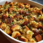 Delicious Grandma’s Thanksgiving stuffing recipe with herbs and bread.