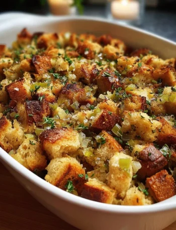 Delicious Grandma’s Thanksgiving stuffing recipe with herbs and bread.