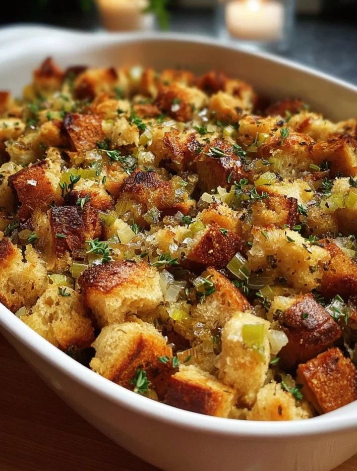 Delicious Grandma’s Thanksgiving stuffing recipe with herbs and bread.