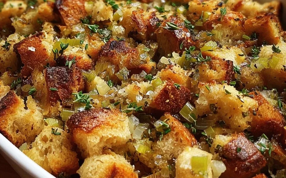 Delicious Grandma’s Thanksgiving stuffing recipe with herbs and bread.
